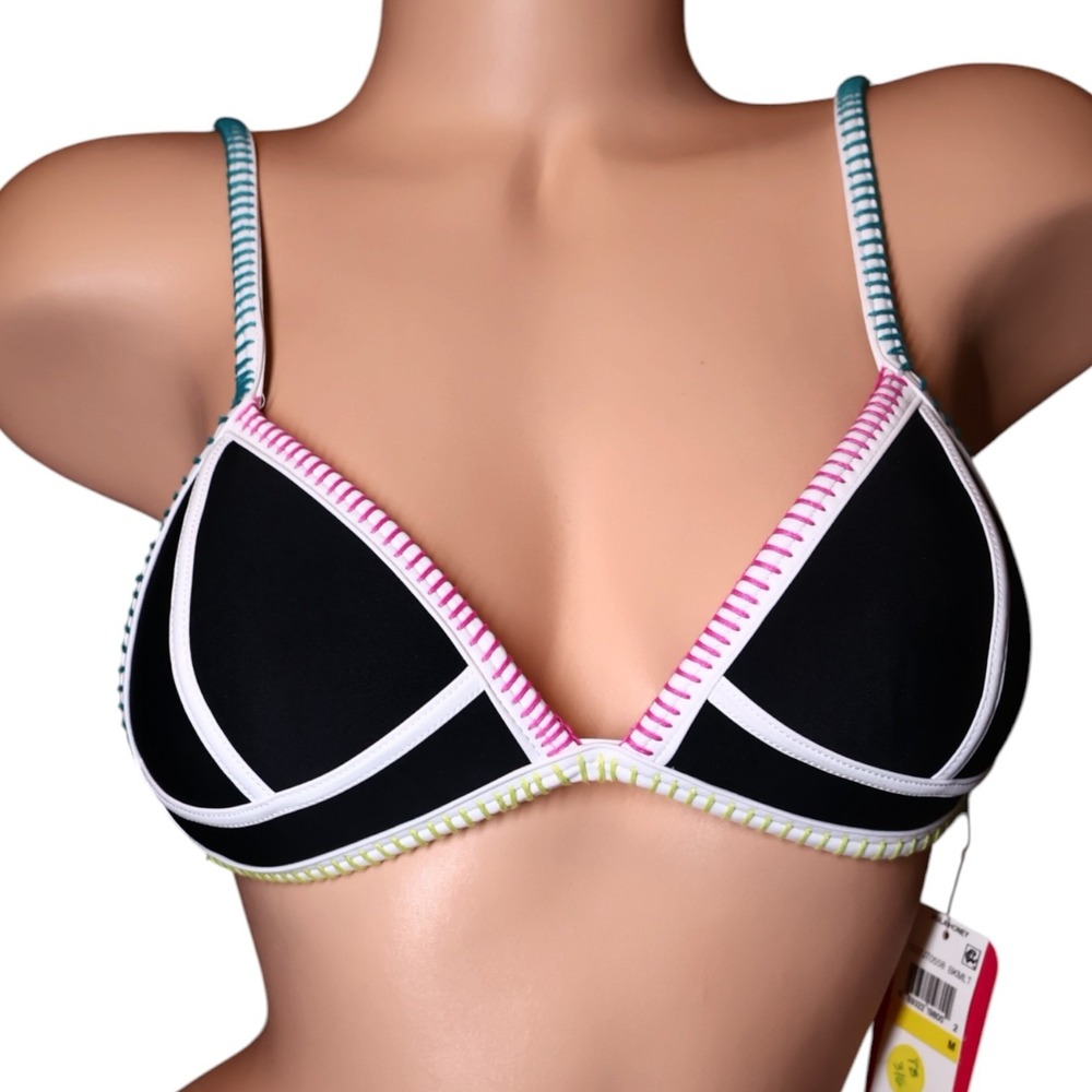 Hula Honey Push-Up Bikini Top M Black Multicolor Whipstitch Trim NWT